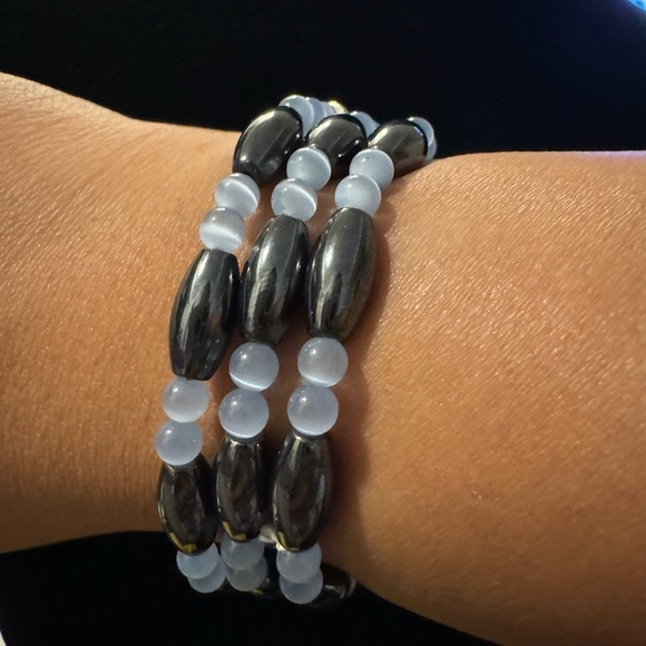 ✨2 for $30✨ Hematite, Pale Blue Cat’s Eye Gemstone Necklace / Wrap Bracelet - Picture 4 of 10